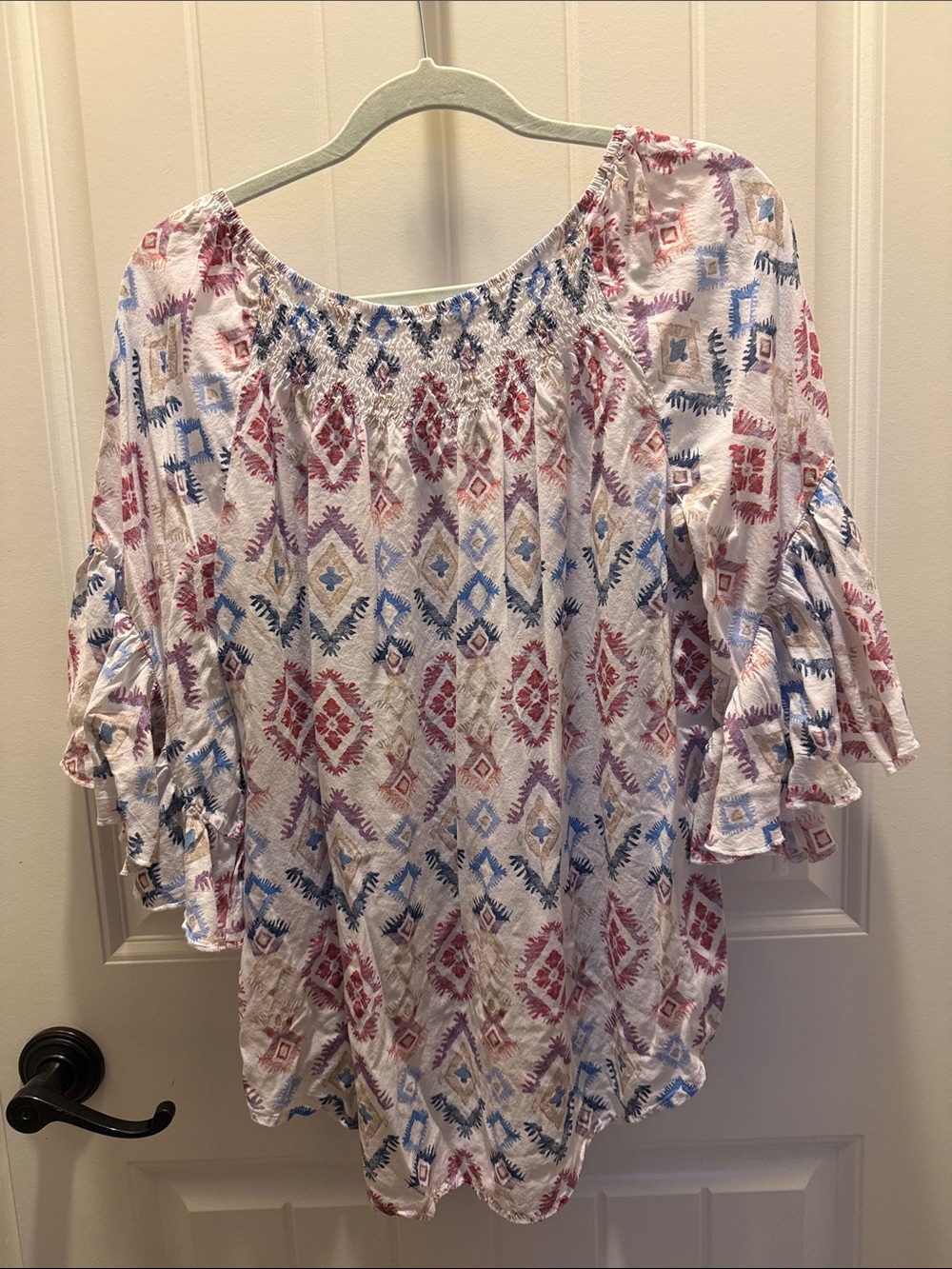 Cato White Boho Smocked-Neck Blouse with Maroon & Blue Pattern (M) - Picture 2 of 8